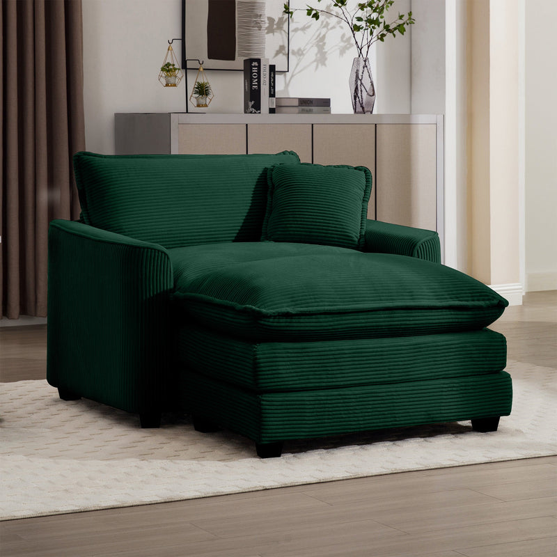 Classic Modern Comfortable Single Chair Deep Seat Sofa with Footstool, Green Corduroy Fabric, Living Room & Bedroom