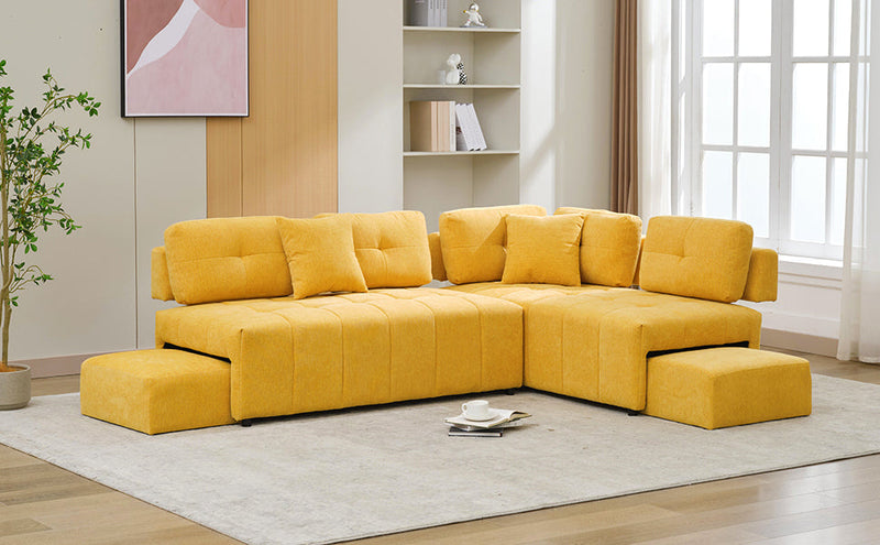 91.73" L-shaped Sofa Sectional Sofa Couch with 2 Stools and 2 Lumbar Pillows for Living Room, Yellow