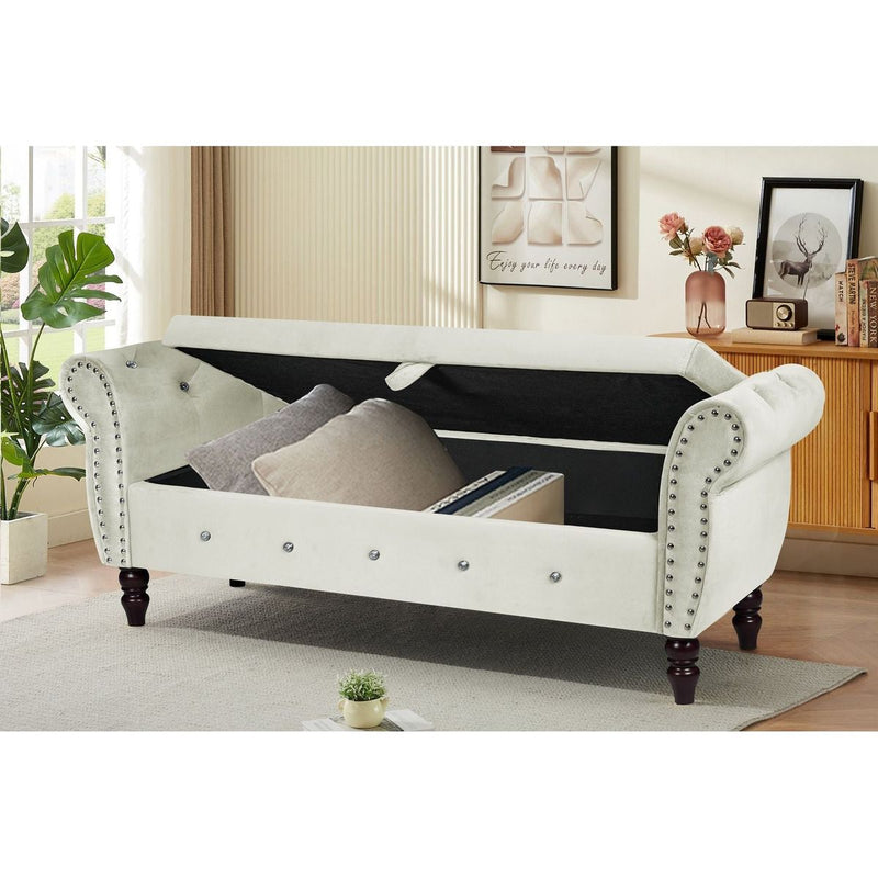 63.38"Velvet Multifunctional Storage Rectangular ottoman bench Comes with crystal buckle Solid Wood Legs with 1 Pillow,Beige