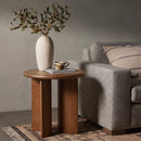 Walnut Finish Pine Wood Round Side Table with Unique Fan-Shaped Legs