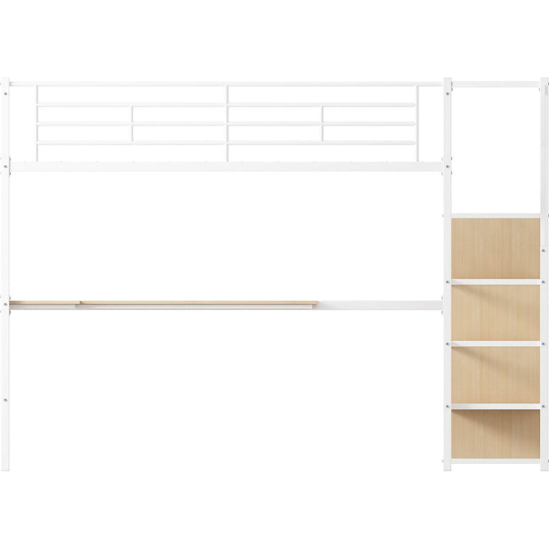 Twin Loft Bed with Desk and Storage Wardrobe, Heavy Duty Loft Bed with Stairs and Metal Grid, Twin Size Loft Bed, No Box Spring Needed, White Loft Bed Twin Size-White