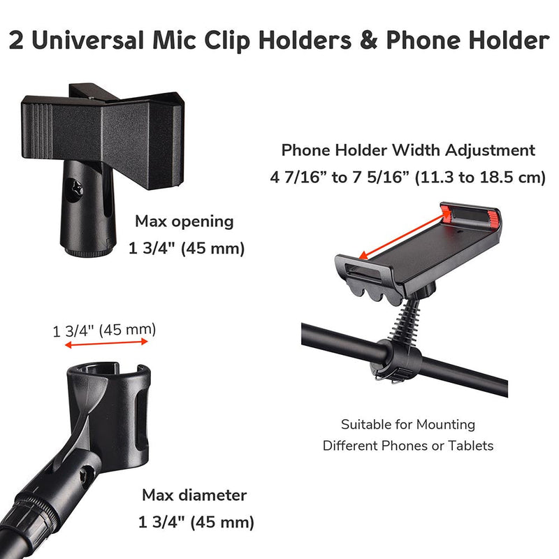 Yescom Studio Mic Stand with Boom 2 Mic Clips Phone Holder H5'11"