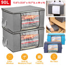 2Pcs Clothes Storage Bag 90L Large Capacity Foldable Closet Organizer w/ Thick Fabric Clear Window Dual-Zipper for Clothes Comforters Blankets Bedding