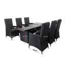 7 Piece Outdoor Patio Wicker Dining Set Patio With Adjustable Backrest Black Wicker + Dark Grey Cushion