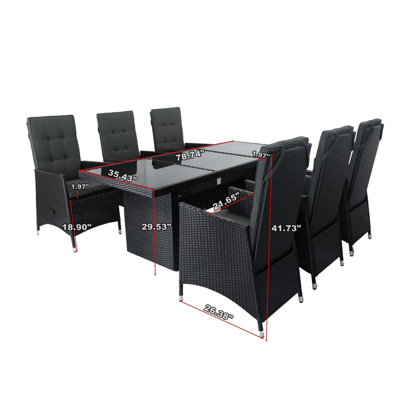 7 Piece Outdoor Patio Wicker Dining Set Patio With Adjustable Backrest Black Wicker + Dark Grey Cushion