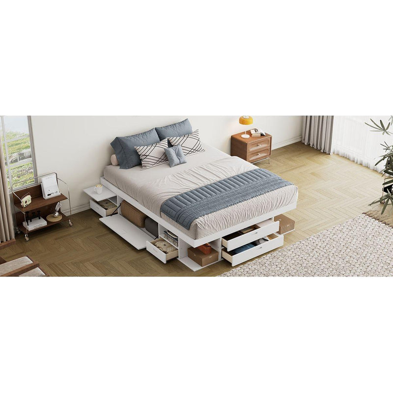 Storage Platform Bed Frame with Multiple Drawers and Shelves No Box Spring Needed, Queen Size,White