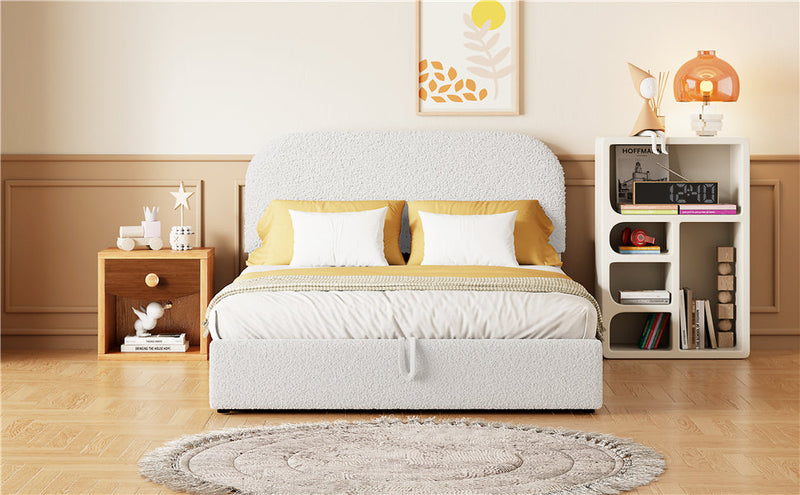 Walker Edison - Teddy Fleece Full  Size Upholstered Platform Bed with Hydraulic Storage System, White