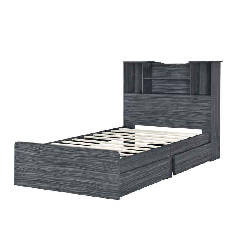 Walker Edison | Twin Size Storage Platform Bed Frame with 4 Open Storage Shelves and 2 Storage Drawers, LED Light, Gray