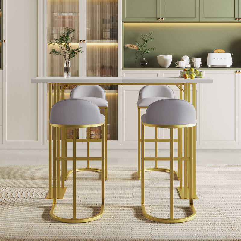 5 Pcs Bar Table and Chairs Set, Modern Gold White Table with 4 Velvet Cushion Bar Stools, Kitchen Counter High Top Table, Breakfast Table Set, Space Saving Table for Home & Kitchen, Gold Frame