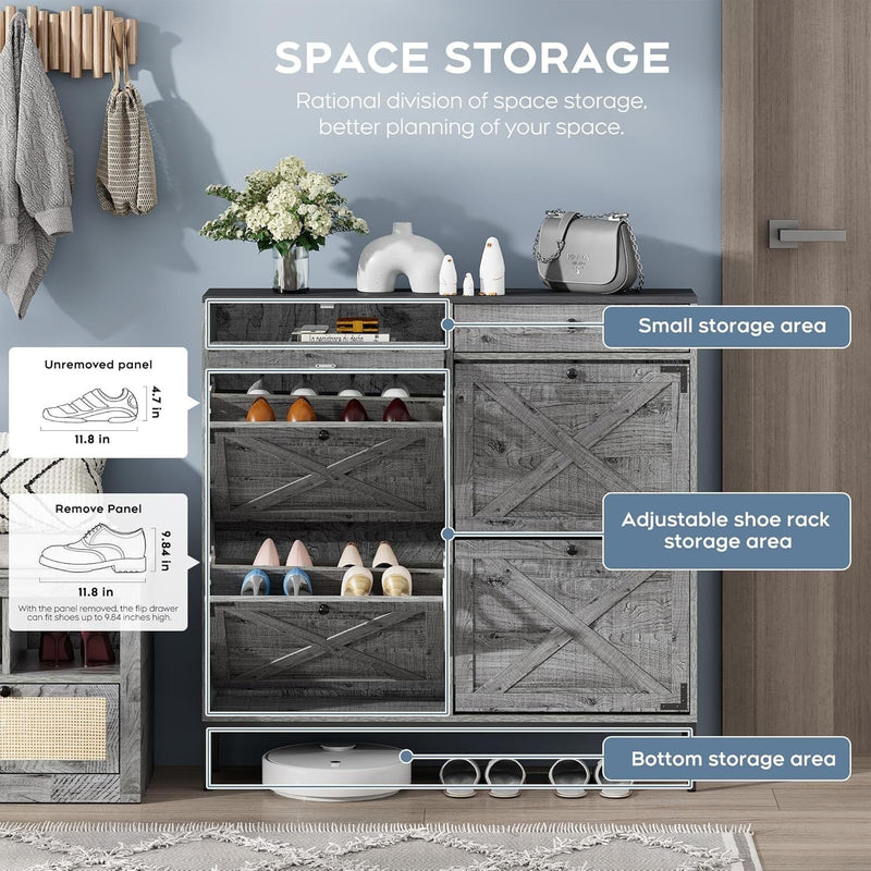 Large Shoe Cabinet with 4 Flip Drawers, Freestanding Shoe Cabinet Organizer with Metal Drawer Bracket, Shoes Storage Cabinet for Entryway, Narrow Shoe Rack Cabinet,Washed Gray