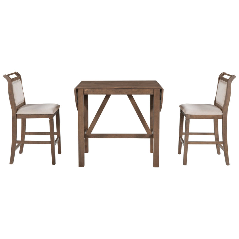 3-Piece Wood Counter Height Drop Leaf Dining Table Set with 2 Upholstered Dining Chairs for Small Place, Brown