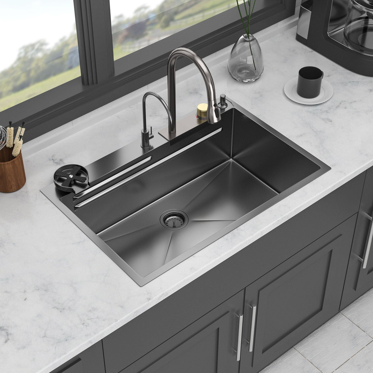 Waterfall Kitchen Sink With Pull Out Faucet & Cup Washer, photo 8 of 40