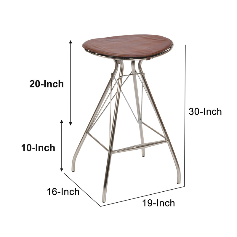 30 Inch Metal Frame Bar Stool, Round Genuine Leather Seat, Dark Brown, Silver