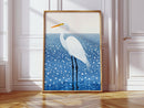 White Egret in Snowfall – Elegant Minimalist Bird Wall Art