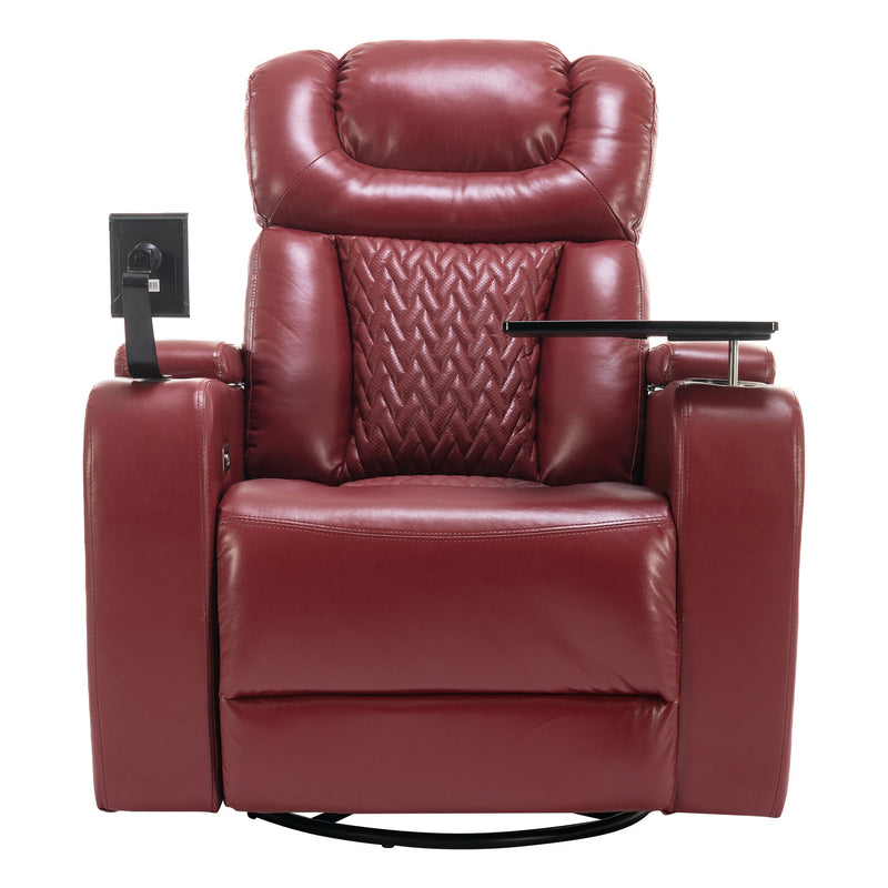 270 Degree Swivel PU Leather Power Recliner Individual Seat Home Theater Recliner with Comforable Backrest, Tray Table, Phone Holder, Cup Holder, USB Port, Hidden Arm Storage for Living Room, Red