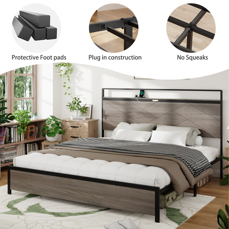 Bed frame king size, wooden platform bed frame with storage LED light headboard and 2 USB, no noise, no spring mattress required and simple assembly tools, large underbed storage, Antique Grey