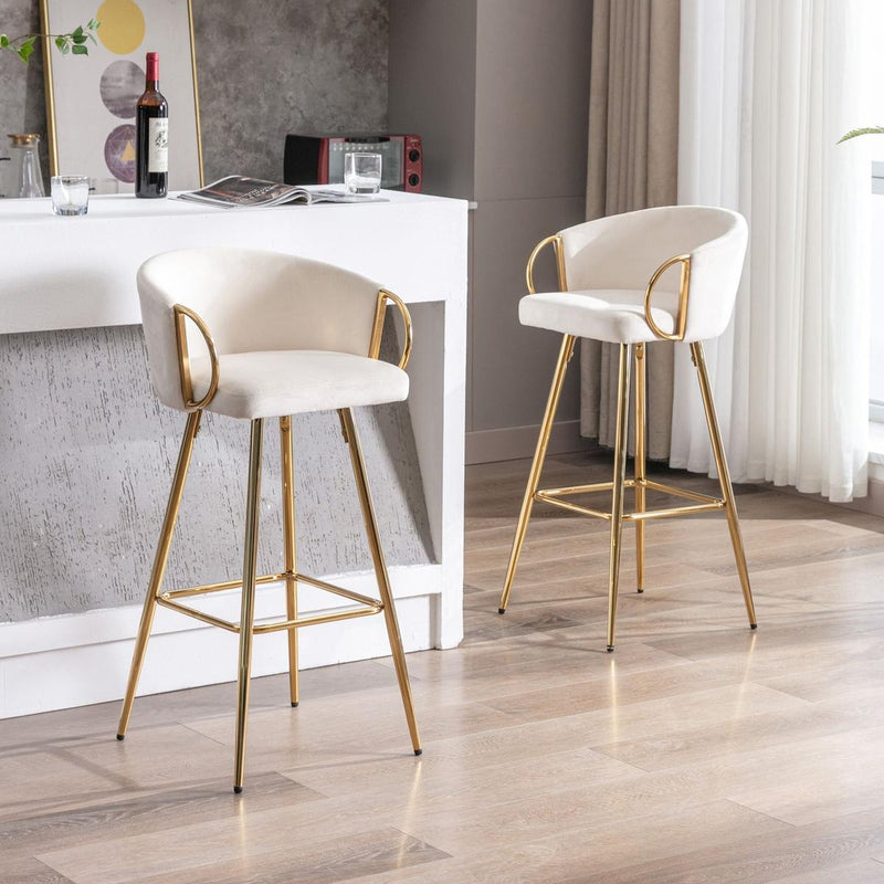 26 Inch Set of 2 Bar Stools,with Chrome Footrest and Base Velvet + Golden Leg Simple Bar Stoo,CREAM