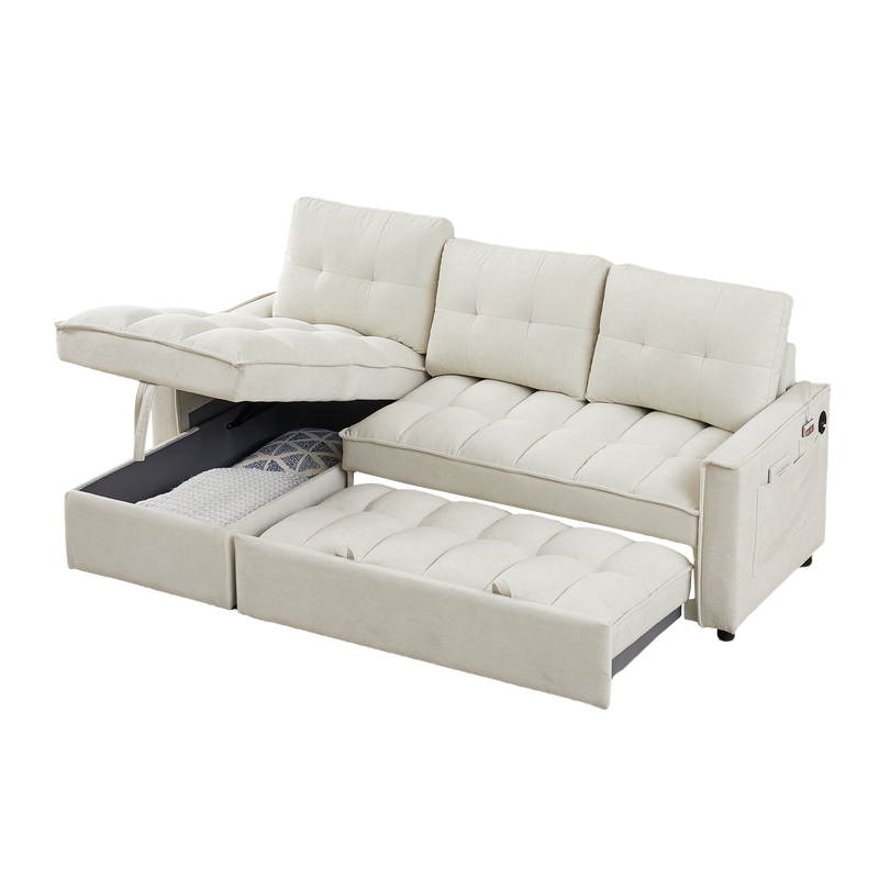 78.75" Reclining Sofa, Pull-Out Sofa Bed with USB and tape-c charging ports, L-Shaped Sectional Sofa with Reclining Storage and Arm Side Organizer Pocket Features, Living Room Comfort Sofa