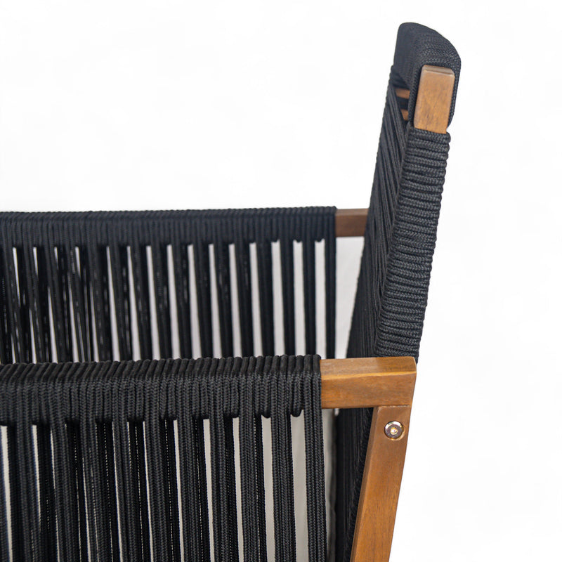 Outdoor Dining Chairs Set of 2, Acacia Wood Patio Armchair with Rope Design Back and Arms and Washable Cushion,for Backyard, Poolside, Garden,Black