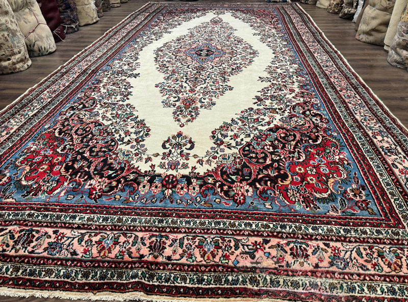 Palace Size Persian Rug 10 x 21 ft, Antique Hamadan Bibikabad Carpet, Handmade Antique Wool Oversized Rug, Ivory, Semi Open Field