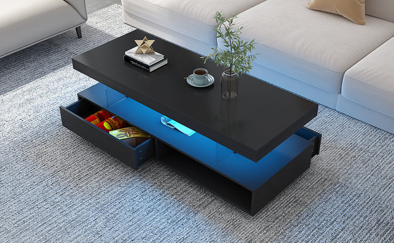 LED Coffee Table with Storage, Modern Center Table with 2 Drawers and Display Shelves, Accent Furniture with LED Lights for Living Room,Black