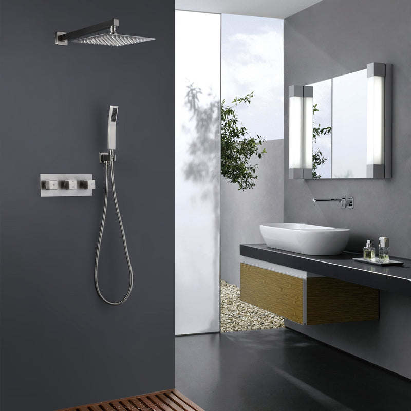 2 Functions Complete Shower Fixtures, 3 Knob Handles Complete Shower Systems, 10 inches Brushed Nickel - 2W03