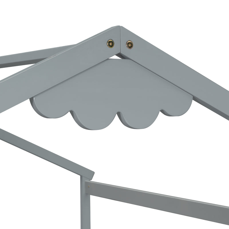 Double Twin House-Style Floor Bed with Fence, Guardrails, without door, Grey(Old Sku:W504P143316)