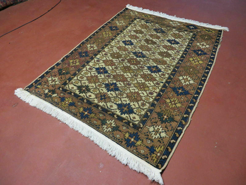 4' X 5' Antique Handmade Caucasian Kazak Shirvan Wool Rug Snow Flakes