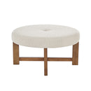 Beige Fabric Round Ottoman with Solid Wood Cross Base