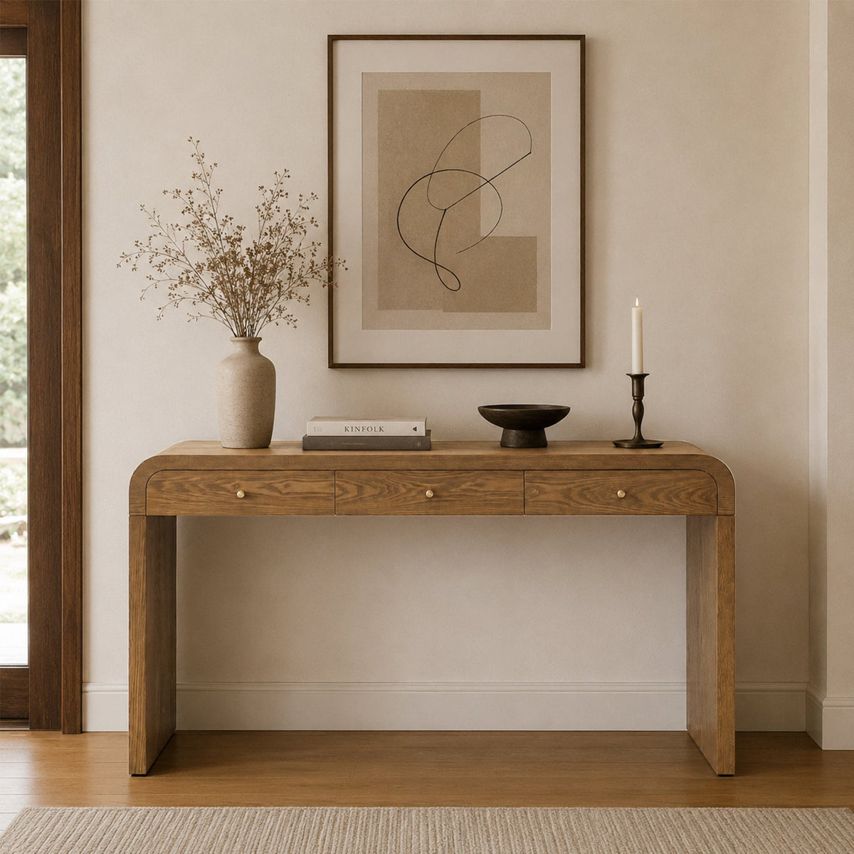 Walnut Curved Design 3-Drawer Long Console Table, photo 2 of 10