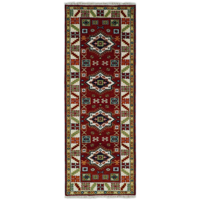 2.9x8 Hand Knotted Antique Kazak Runner Blue and Rust Traditional Tribal Armenian Rug | KZA6