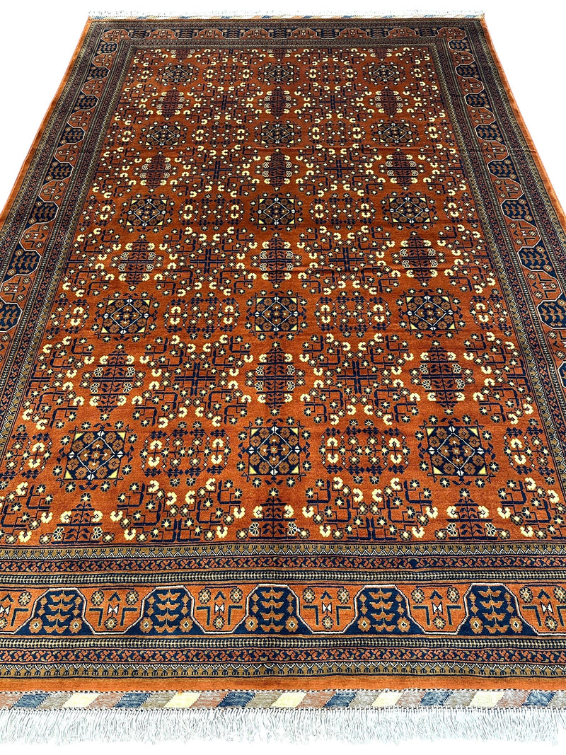 Hand-Knotted Afghani Bukharayi Rug | 6'7" x 10' Wool Area Carpet – Traditional Geometric Design