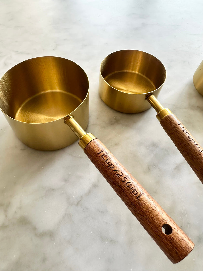 Acacia Wood and Gold Measuring Cups, Set of 8