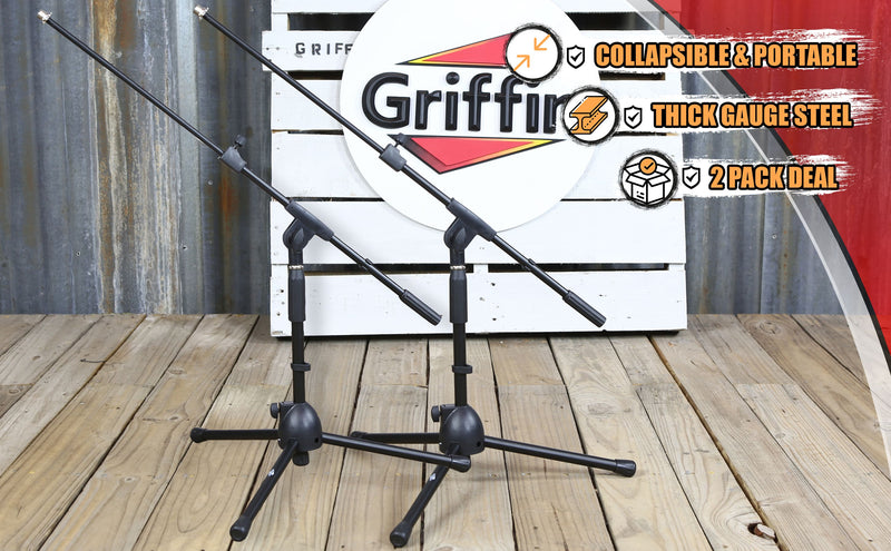 2 PACK- Low Profile Microphone Stand by GRIFFIN | Short Tripod Mic Stand Mount with Boom Arm for Kick Bass Drum, Studio Desktop Recording, Singing & Guitar Amplifiers | Small Height Telescoping Holder