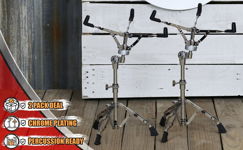 2-PACK Snare Drum Stand by GRIFFIN | Chrome Double Braced, Light Weight Mount for Standard Snares, Tom Drums & Practice Pad | Slip-Proof Gear Tilter & Clamp Style Basket Holder Percussion Hardware Kit