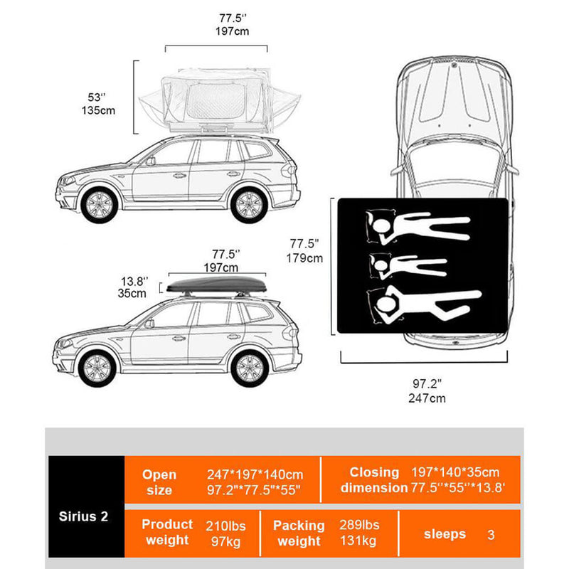 Naturnest Sirius 2 Premium 2XL 3-Person Clamshell Roof Top Tent (SAK91382)