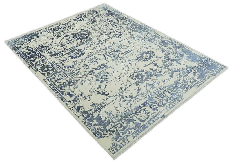 8x10 Hand knotted Ivory and Blue Modern Abstract Wool and Bamboo Silk Area Rug | TRDCP489810