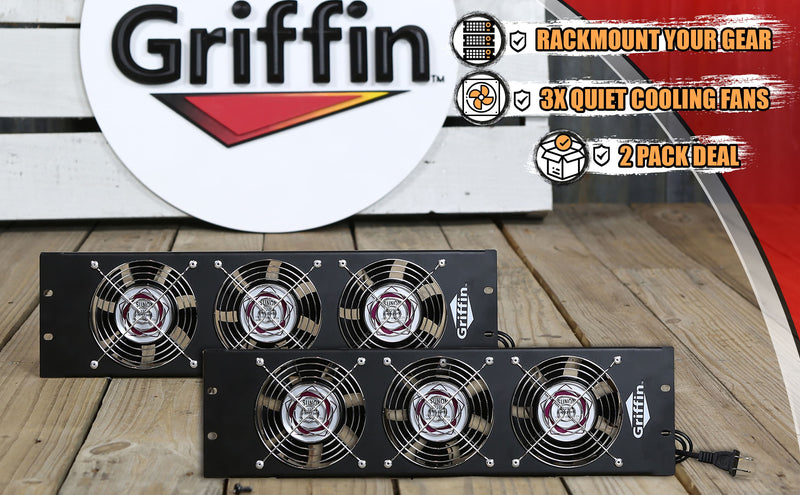 2 PACK - Rackmount Cooling Fan by Griffin | 3U Ultra-Quiet Triple Exhaust Fans, Keep Studio Audio Equipment Gear Cool | Rack Mount on Network IT System Server Rails | Temperature Control Panel Cabinet