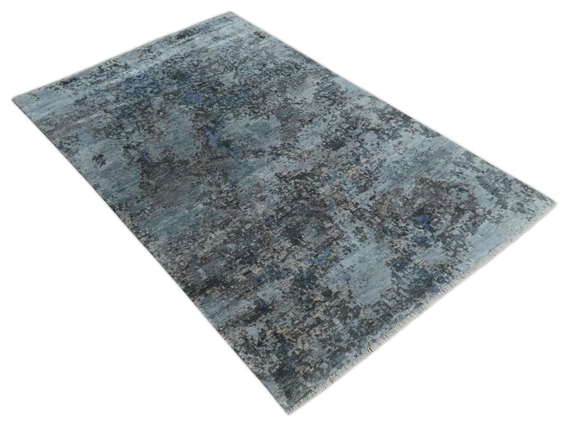 5x8 and 6x9 Silver, Charcoal and Blue Modern Abstract Handmade Wool Area Rug