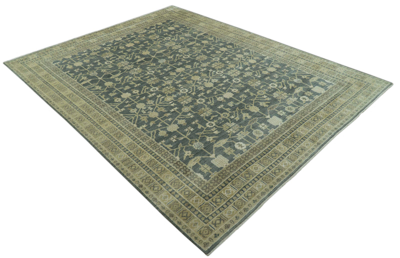 Traditional Design Charcoal And Beige 9x12 Hand Knotted Wool Area Rug
