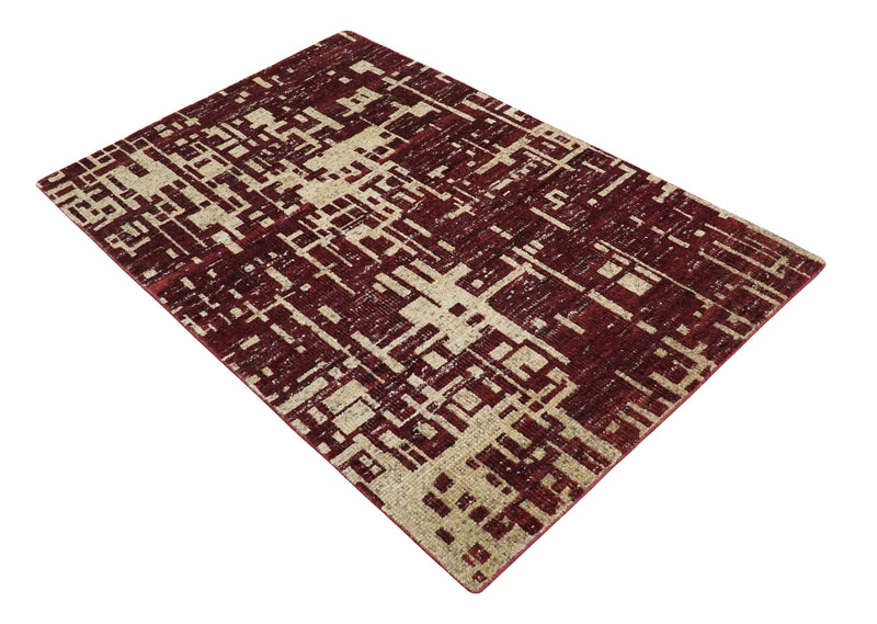 4x6 Hand Knotted Camel and Maroon Modern Abstract Contemporary Recycled Silk Area Rug | OP64