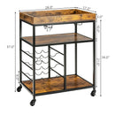 3-Tier Wood Rolling Kitchen Serving Cart with 9 Wine Bottles Rack Metal Frame-Rustic Brown by LJGDeals