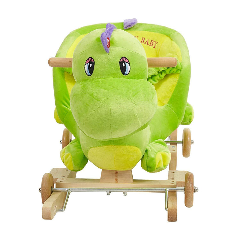 Rocking Horse Toys Baby 2-in-1 Wooden Plush Rocker Seat Ride-On Stroller with Seat Belt, Green Dinosaur