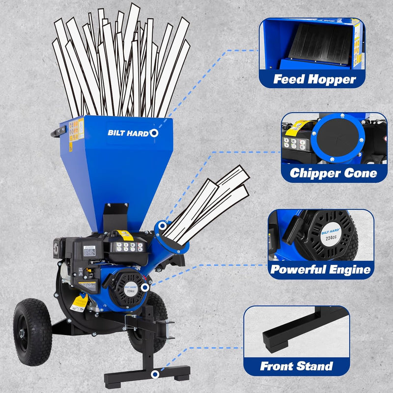 BILT HARD 224cc 7.5hp Gas Powered Wood Chipper with Tow Hitch