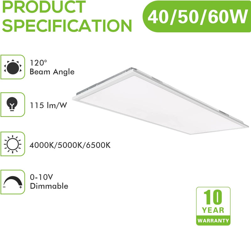 2x4 FT LED Flat Panel Troffer Light, 40/50/60W, 3CCT, 115LM/W, 0-10V Dimmable, DLC Listed (6-PACK)