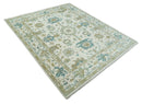 Ivory Beige Teal Wool Oushak Hand-Knotted Area Rug - Traditional