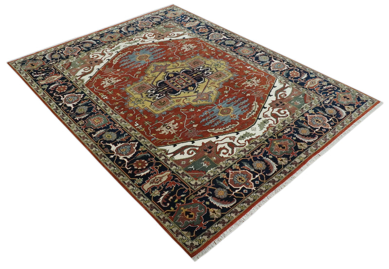 Fine Olive, Brown and Blue Traditional Floral Hand knotted look 8x10 wool Area Rug