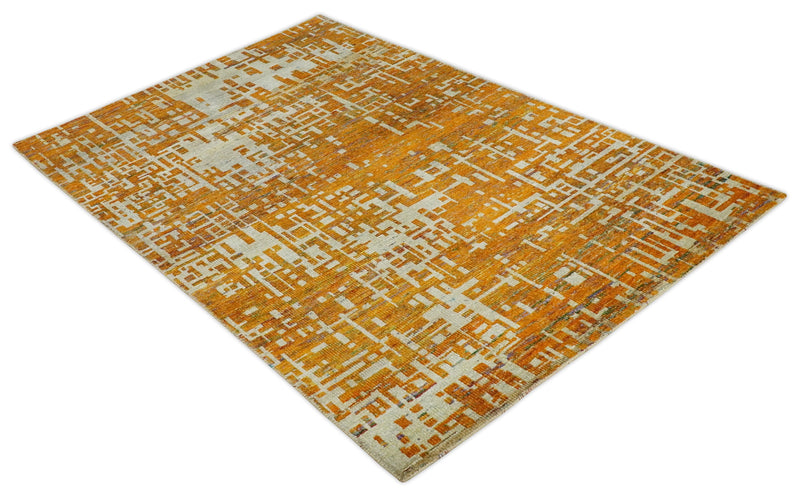 6x9 Gold, Ivory and rust Modern Abstract Recycled Silk Area Rug