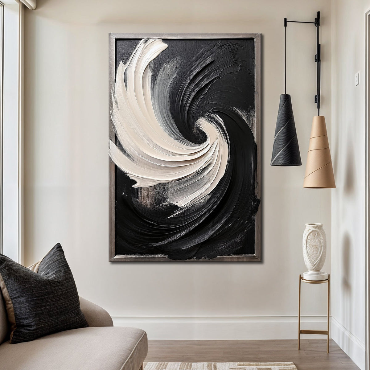 Black and White Vortex Abstract Wall Art, photo 2 of 10