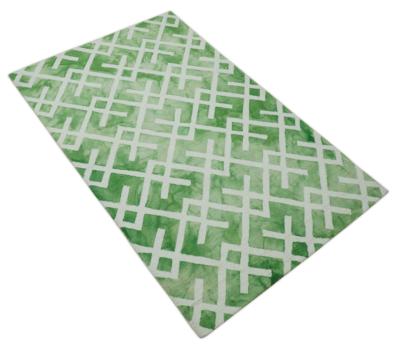 5x8 Ivory and Green Stripes Pattern Hand Tufted Wool Area Rug